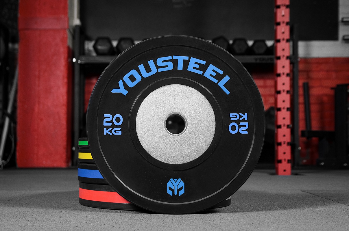 Диск 20 кг для кроссфита черный с цветной полосой YOUSTEEL