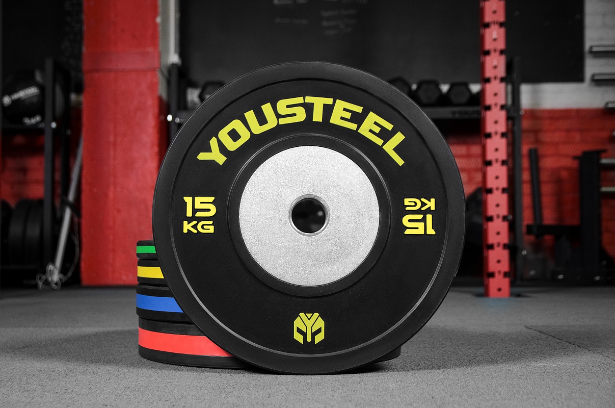 Диск 15 кг для кроссфита черный с цветной полосой YOUSTEEL