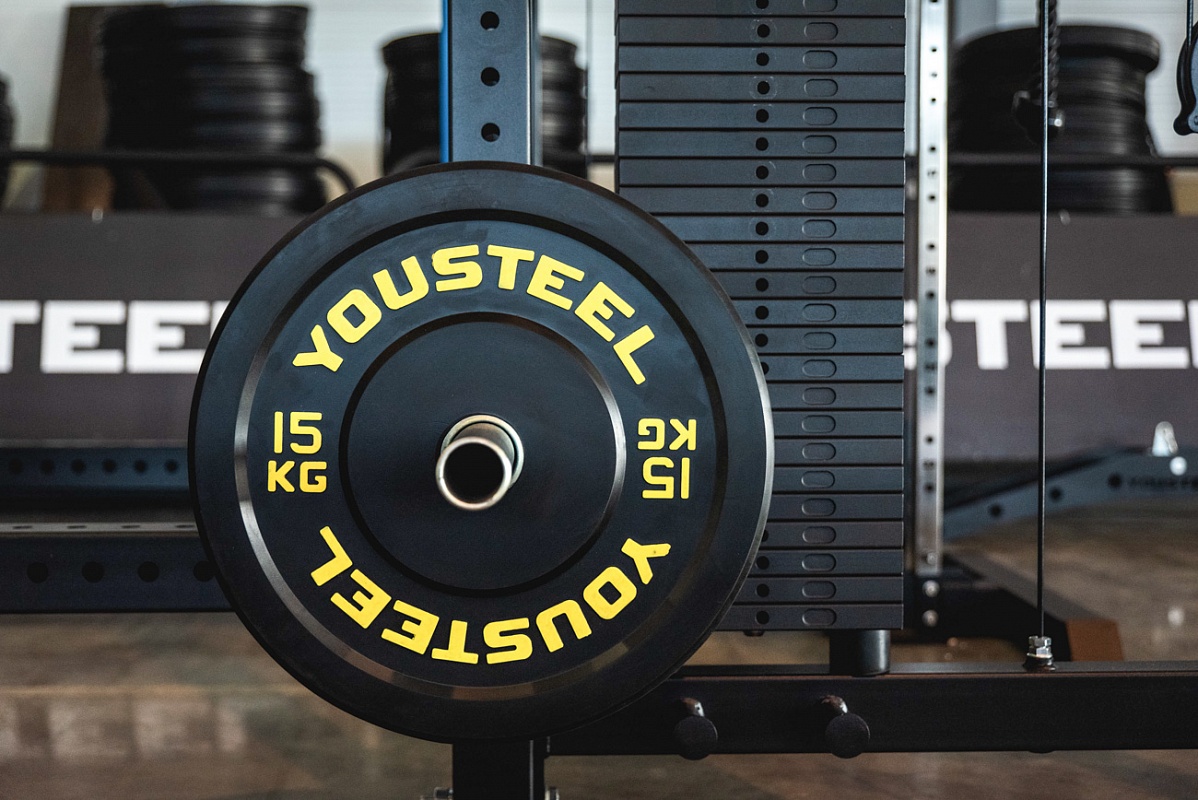 Диск для штанги каучуковый бамперный 15 кг черный YOUSTEEL