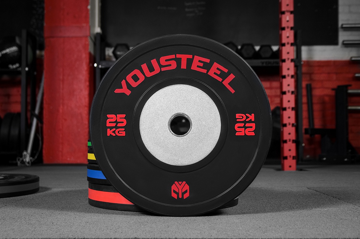 Диск 25 кг для кроссфита черный с цветной полосой YOUSTEEL